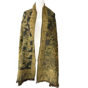 Naturally Knotty Scarf Womens One Size Gold Paisley Wool Fringe Shawl Wrap Fall